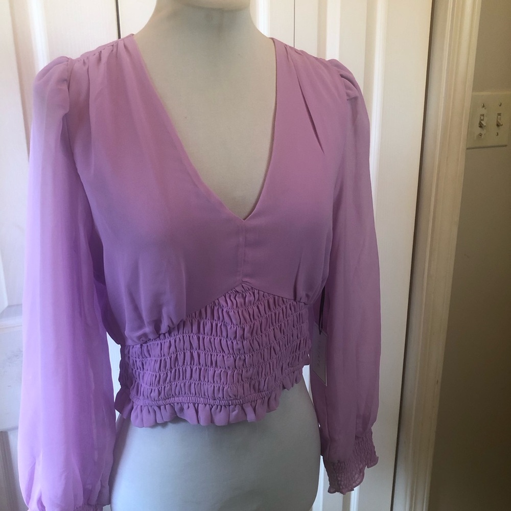 1. State Lavender V-Neck Smocked Waist Long Sleeve Blouse